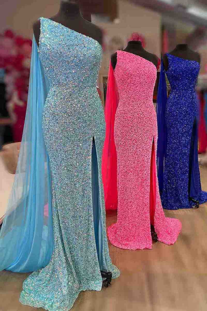 Elegant Two Pieces One Shoulder Long Sleeve Mermaid Prom Dress