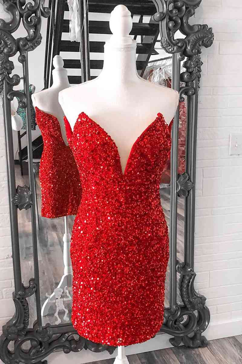 Tight Strapless Red Sequins Short Party Dress