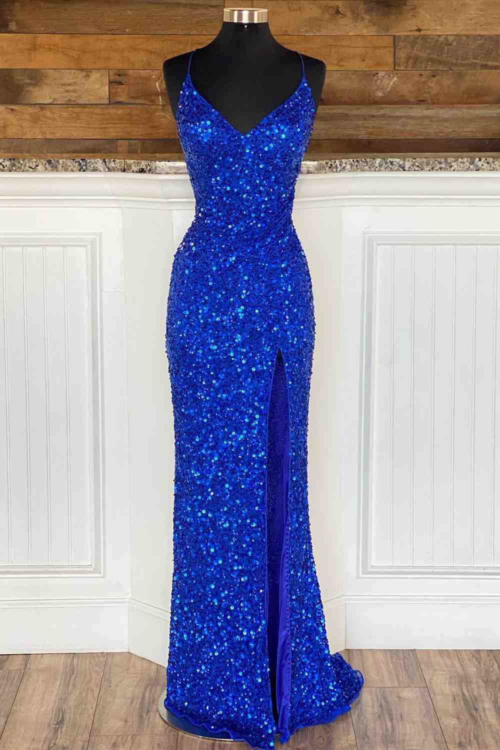Lace-Up High Slit Royal Blue Glitters Long Party Dress