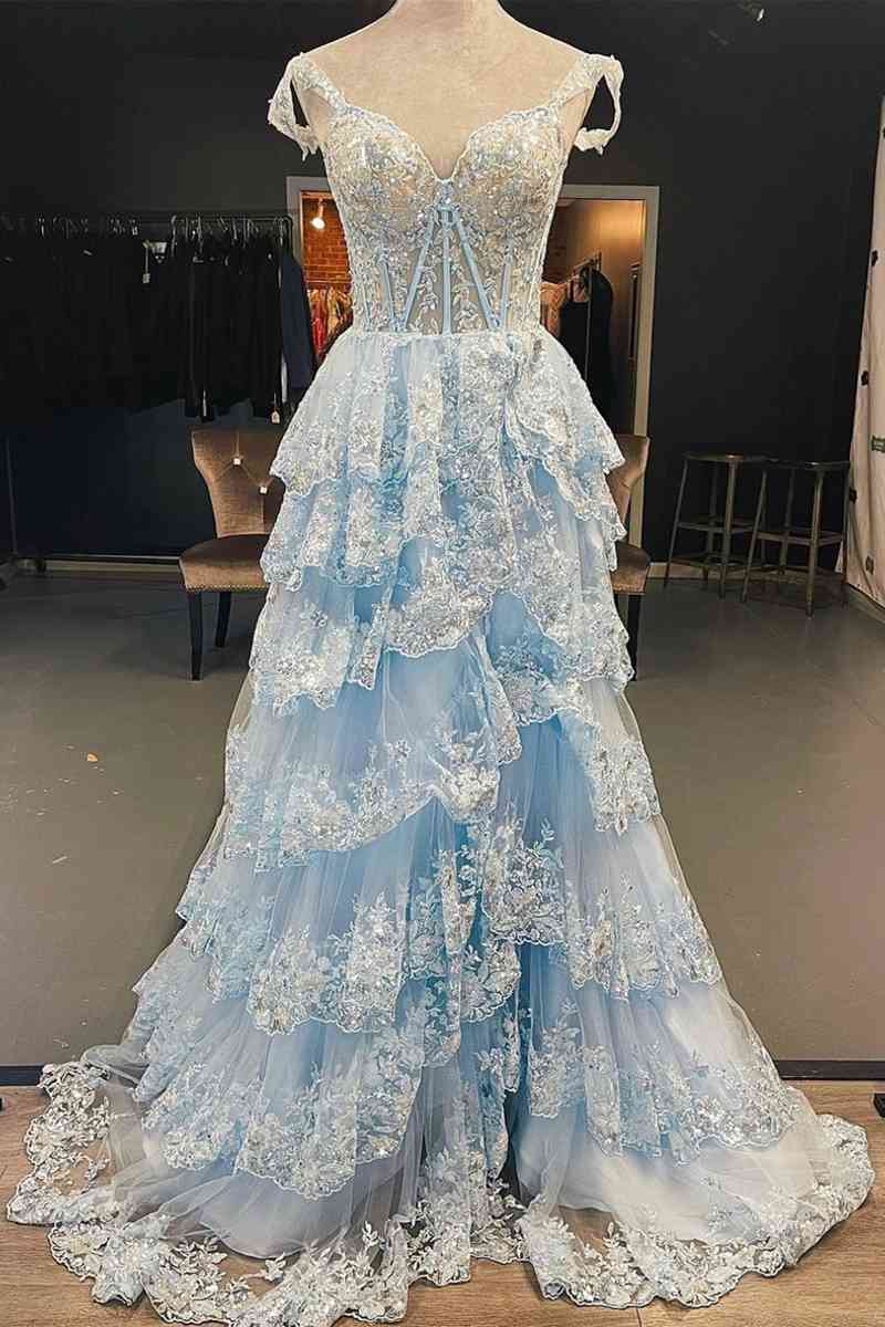 Light Blue Corset Lace Tiered Tulle Long Formal Dress Front Side