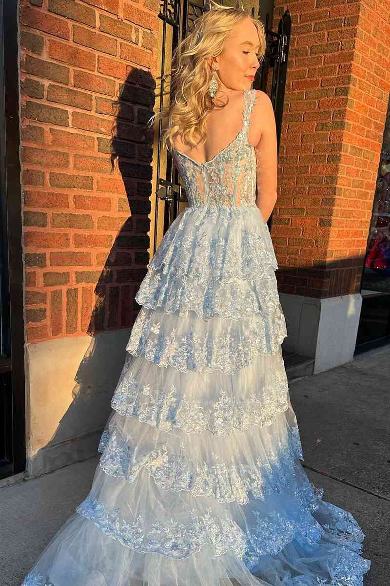 Light Blue Corset Lace Tiered Tulle Long Formal Dress Back Side