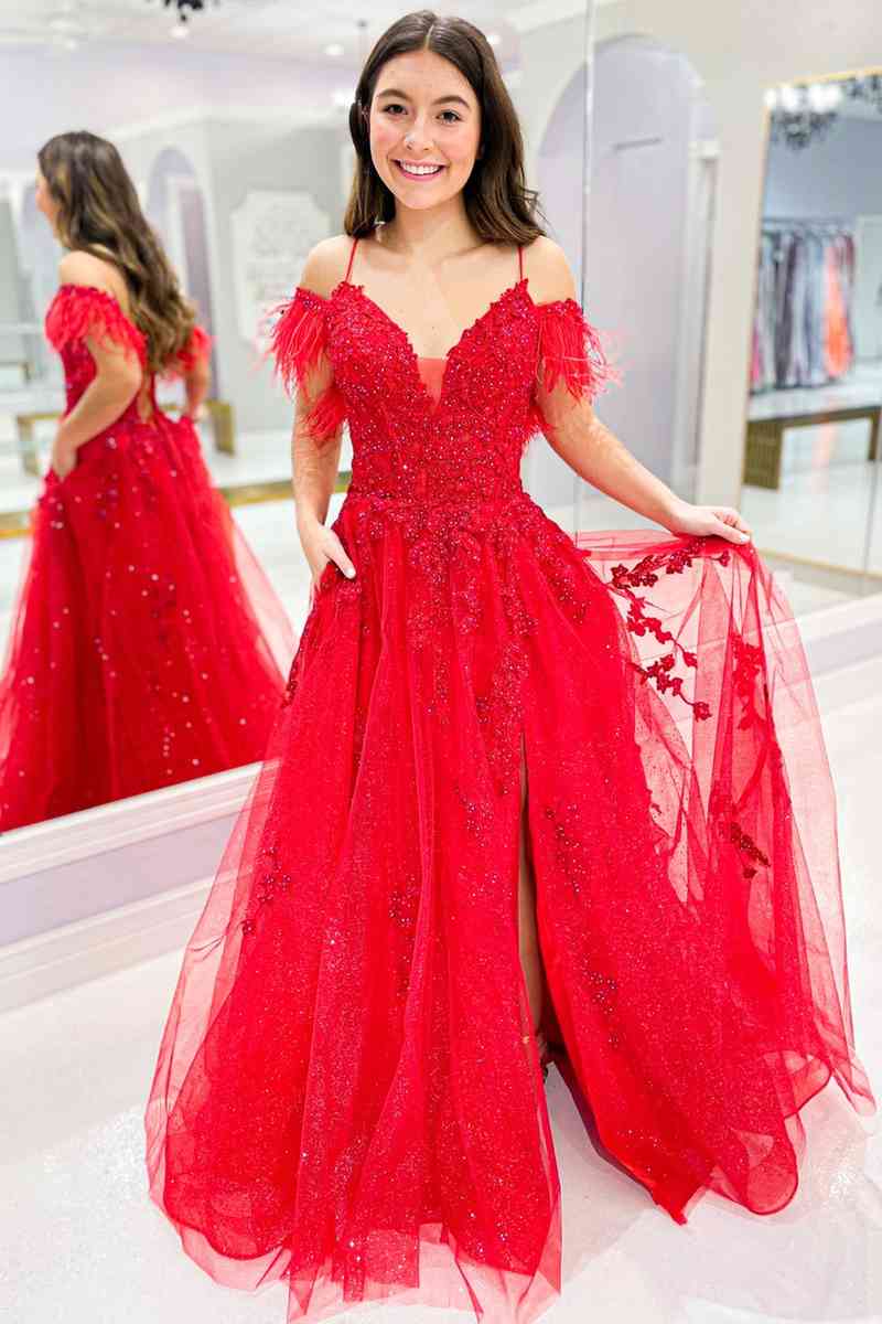 Red Feather Cold Shoulder A-Line Formal Dress with Appliques