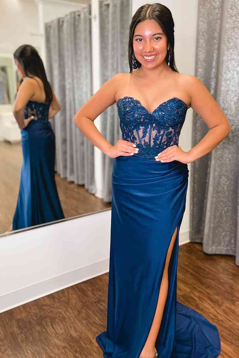 Sweetheart Blue Corset Pleated Long Prom Dress – FancyVestido