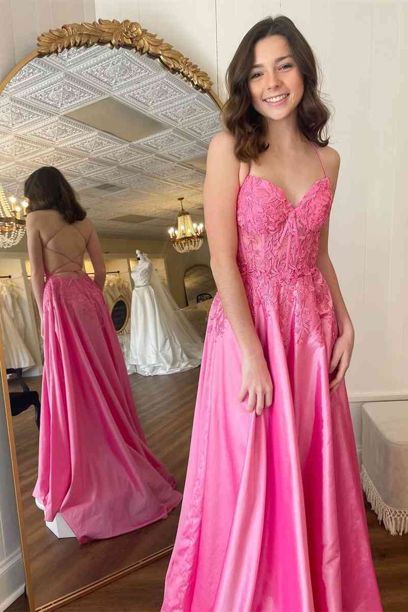 Lace-Up Long Hot Pink A-Line Prom Dress with Appliques – FancyVestido