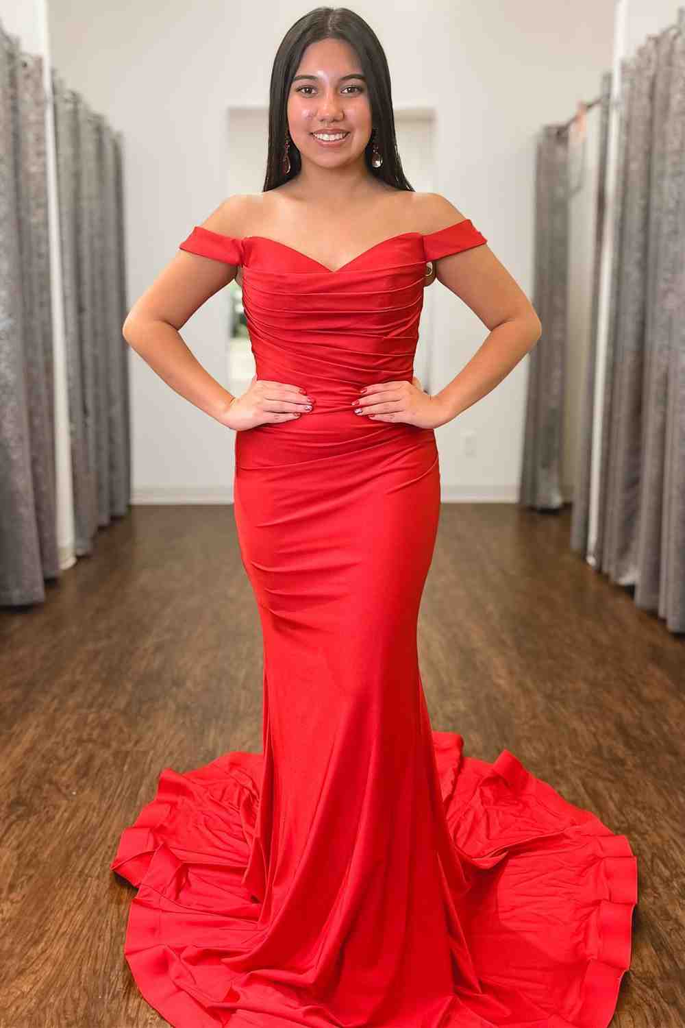 Red Off-Shoulder Mermaid Satin Pleated Long Prom Dress
