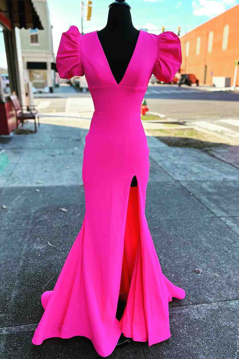 Deep V-Neck Hot Pink Mermaid Long Prom Dress with Balloon Sleeves