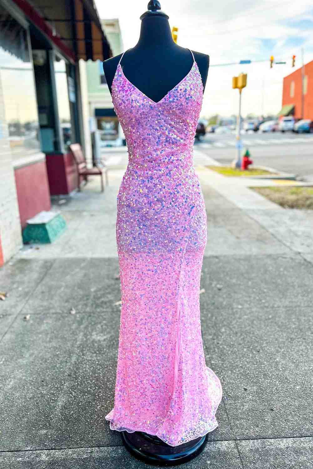 V-Neck Lace-Up Iridescent Pink Sequins Long Party Dress