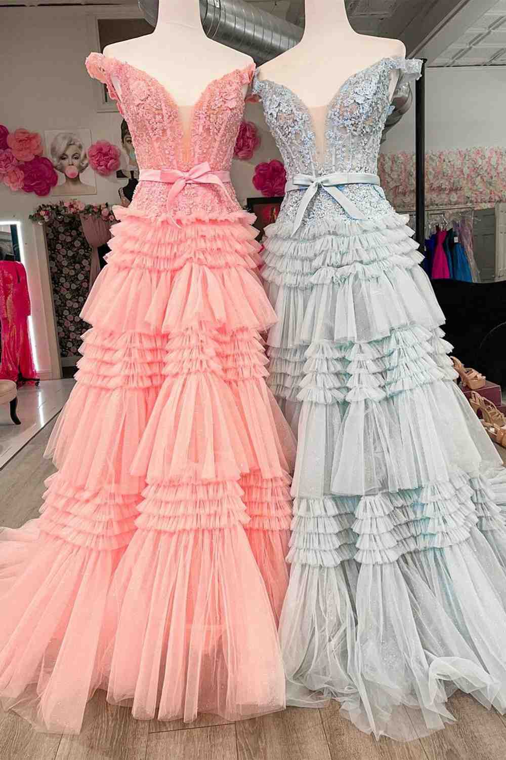 Off the Shoulder Ruffle Tiered Tulle Long Prom Dresses with Appliques
