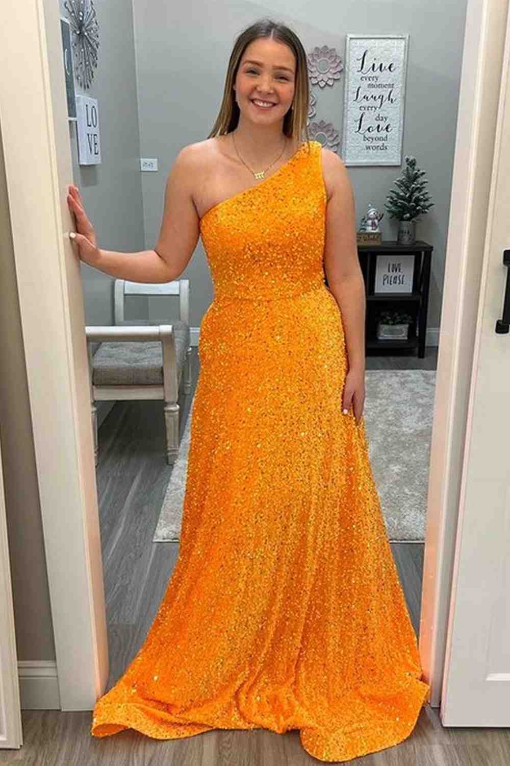 Orange One Shoulder Aline Sequins Long Prom Dress FancyVestido
