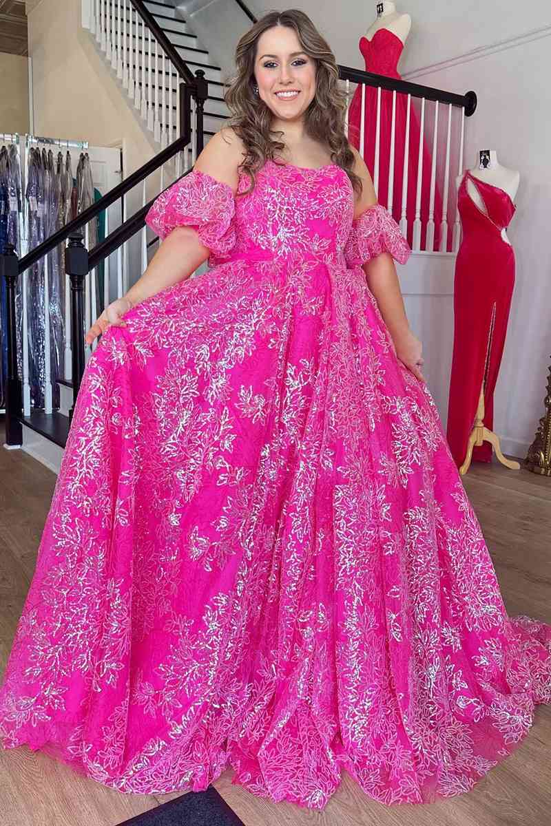 Fuchsia A-line Off-Shoulder Tulle Long Party Dress with Removable Sleeves