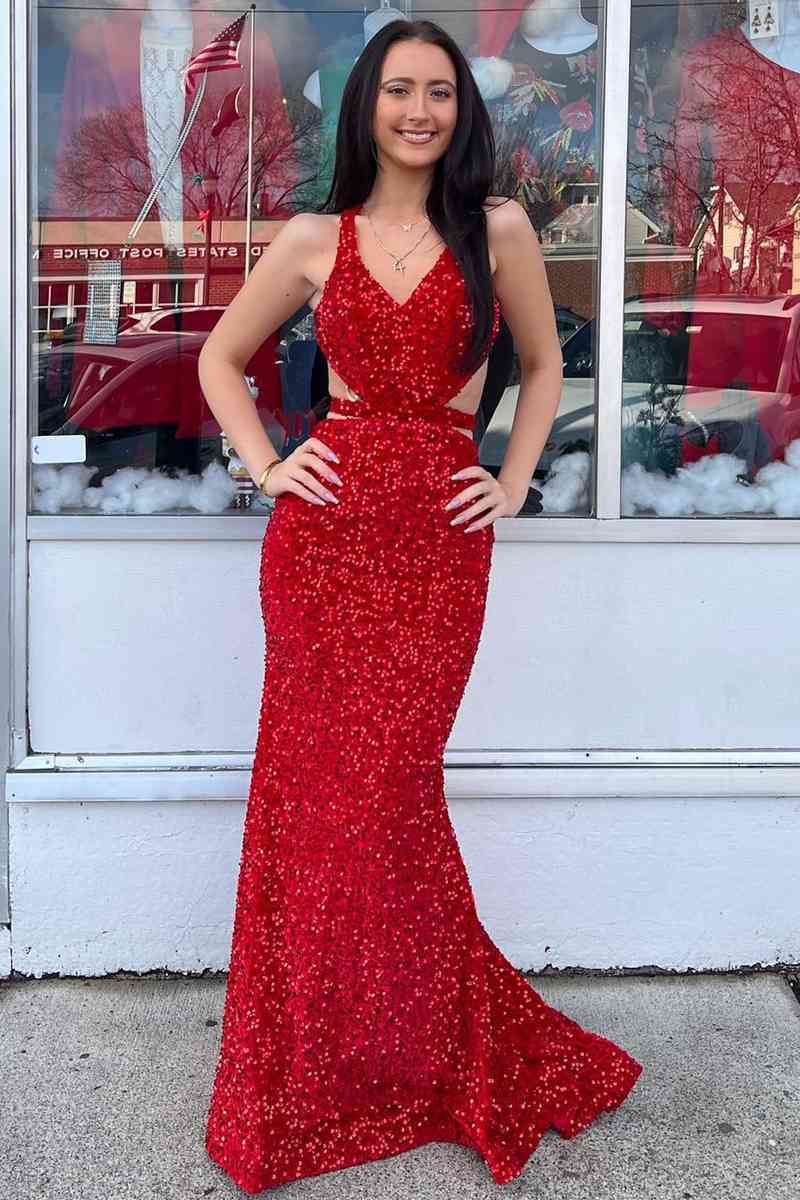 Long Mermaid V-Neck Sequins Backless Formal Prom Dress