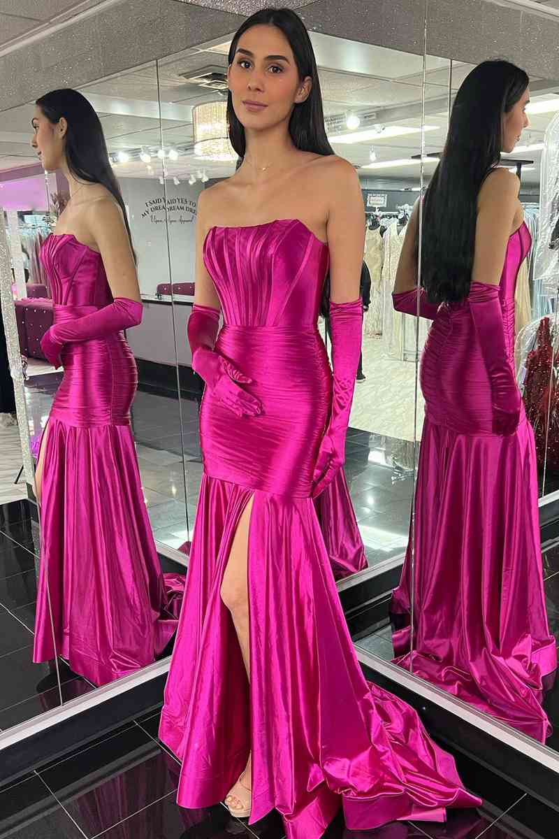 Mermaid Strapless Satin Pleated Slit Long Prom Dress with Golves