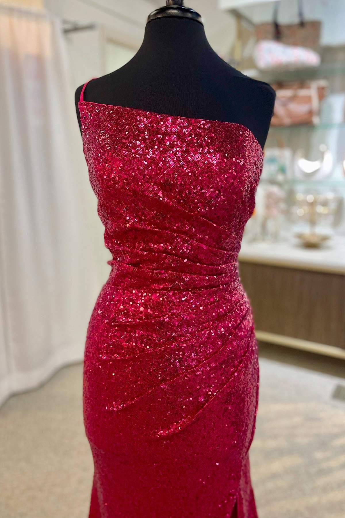 Burgundy Mermaid One Shoulder Sequins Long Prom Dress with Slit