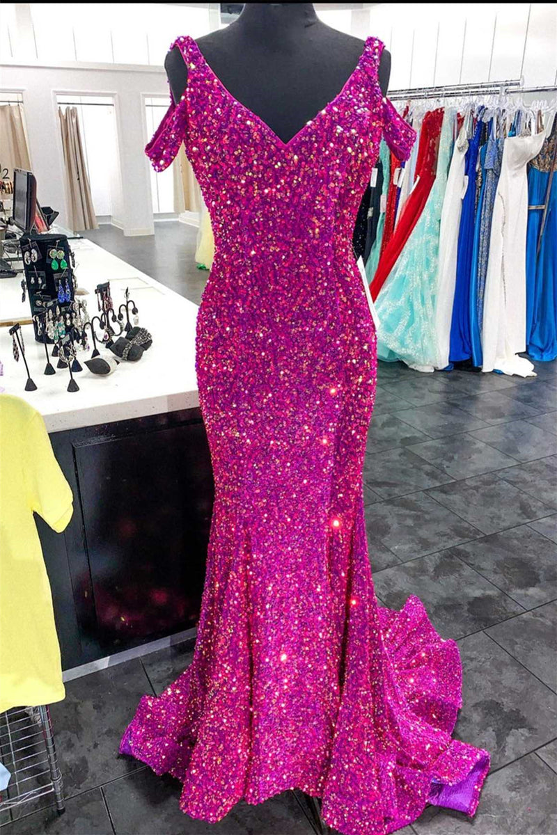 Fuchsia Mermaid Off-the-Shoulder V Neck Sequins Long Prom Dress