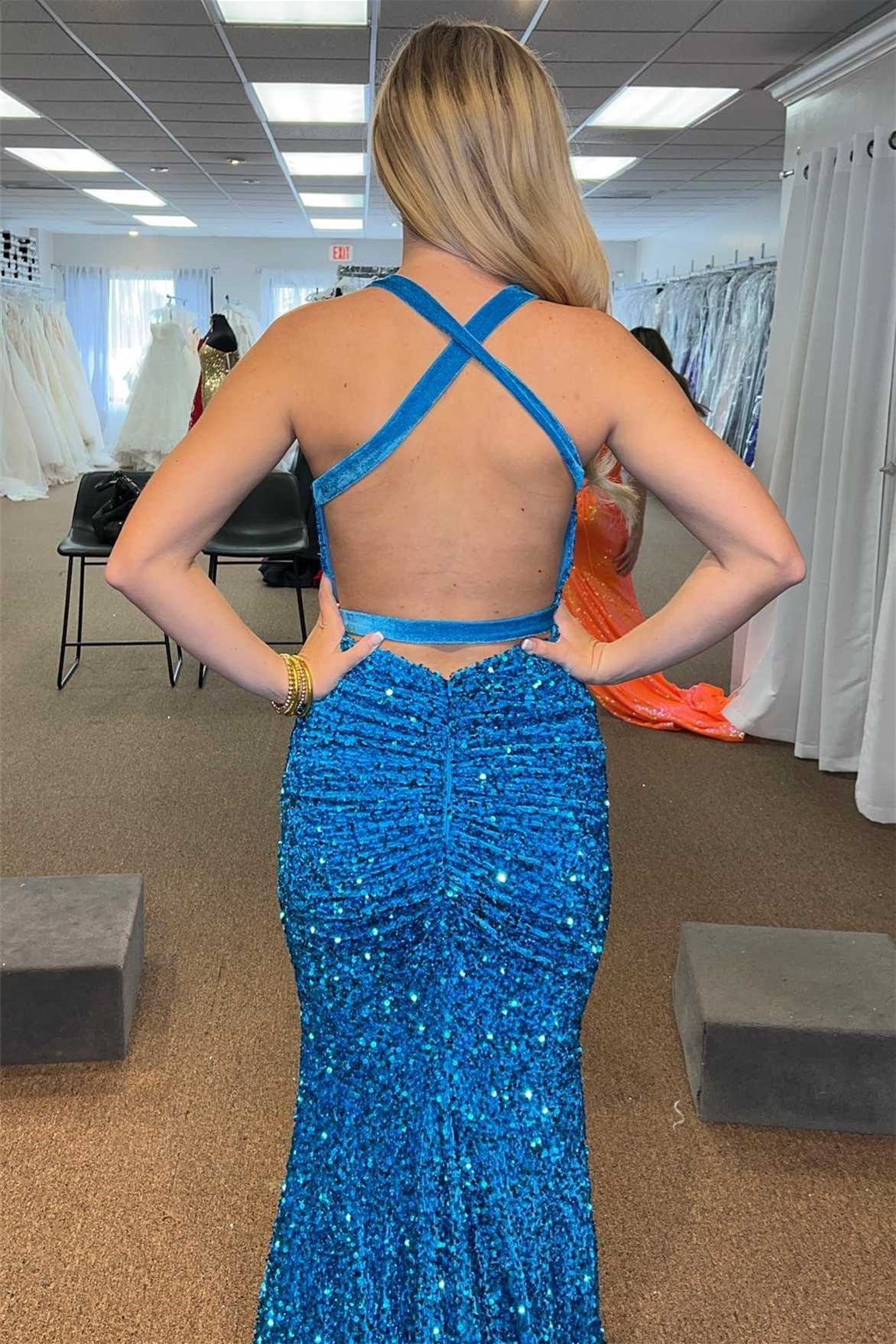 Blue Mermaid V Neck Crossed Back Sequins Sweeping Long Prom Dress