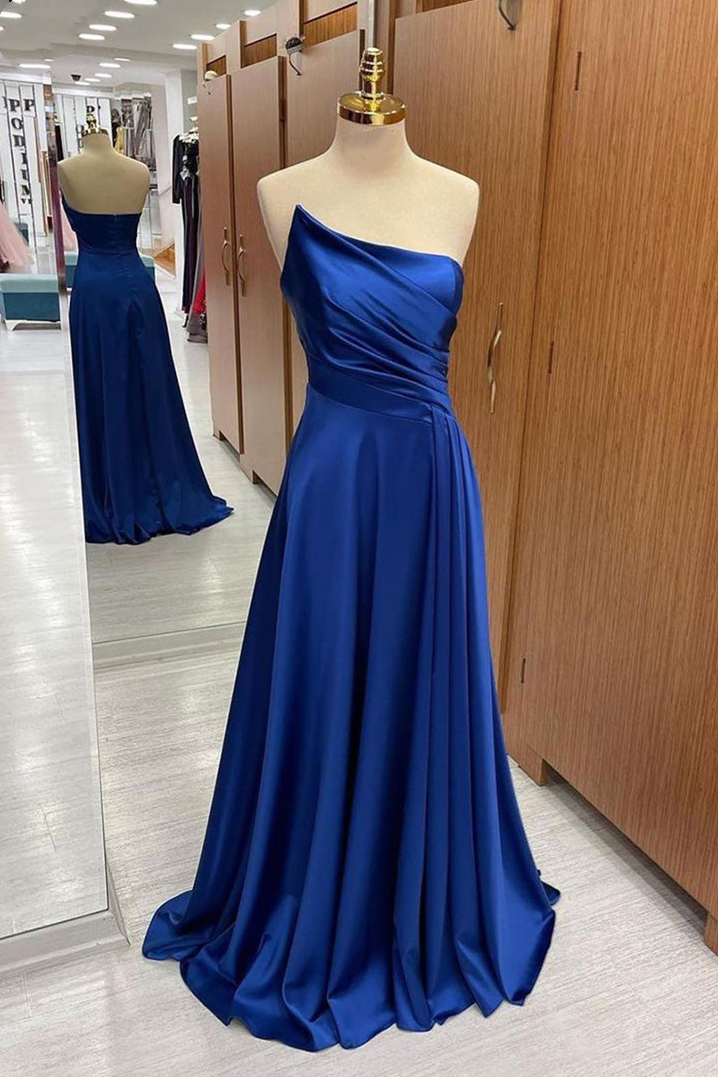 long royal blue prom dresses split satin gowns C2262