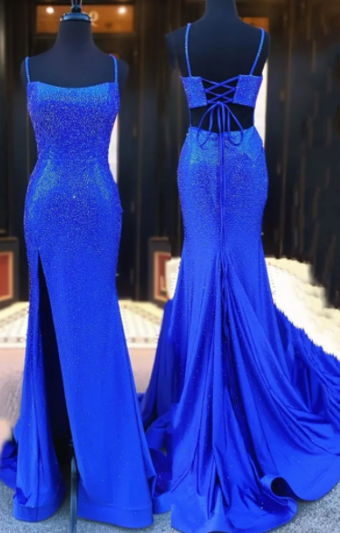 Royal Blue Beaded High Slit Mermaid Prom Dress – FancyVestido