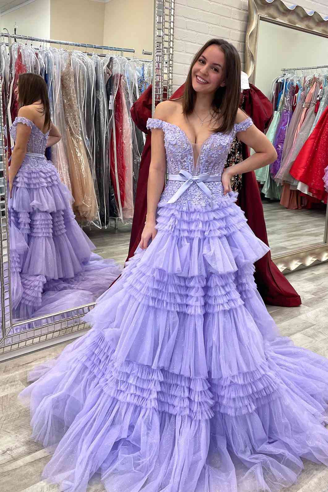 Off-Shoulder A-line Tulle Ruffles Layers Applique Long Prom Dress