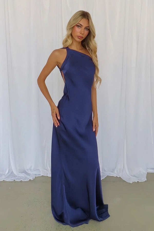 One Shoulder Satin Sheath Maxi Prom Dress with Open Back