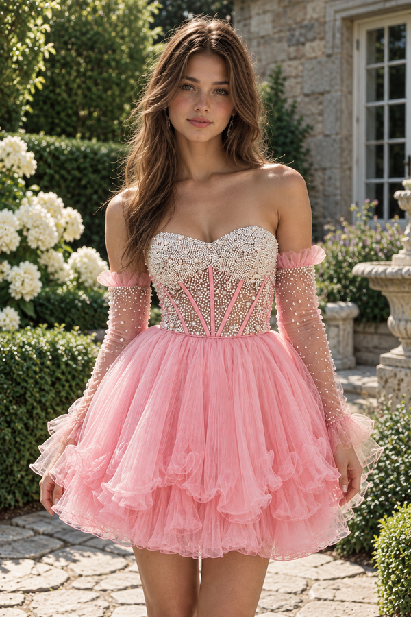 A-Line Pink Beaded Ruffled Short Party Dress with Removable Sleeves