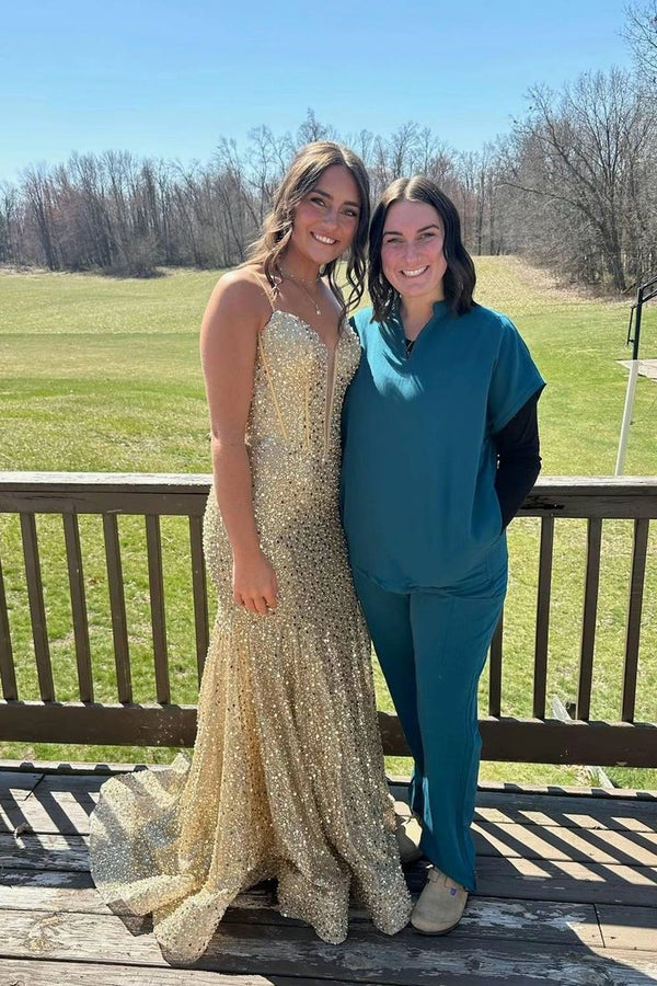 Straps Blue Sweetheart Sequin Beaded Mermaid Prom Dress