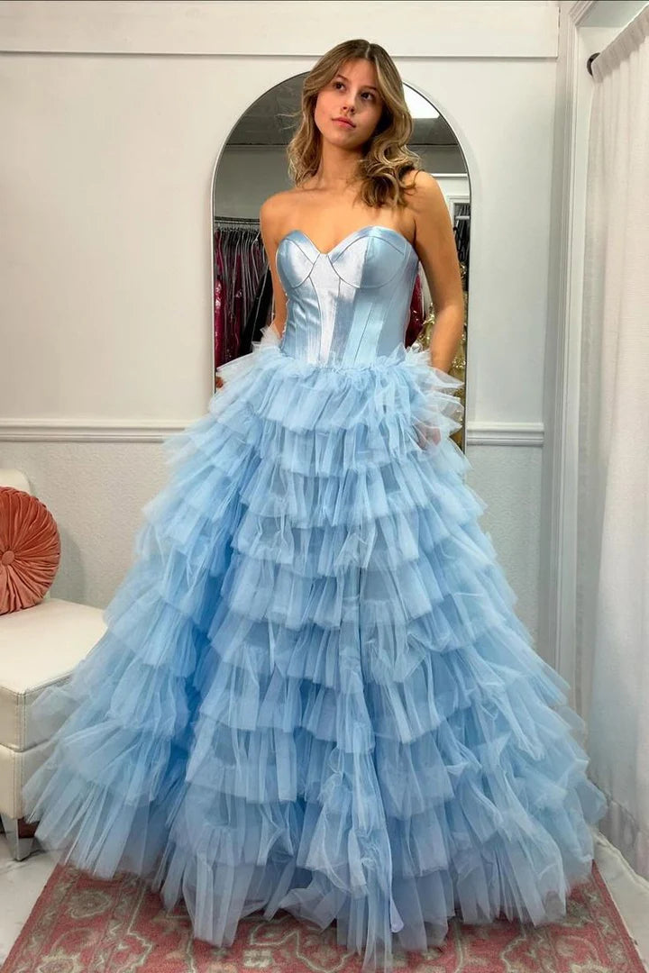 Strapless Black Corset A-Line Layered Prom Dress with Slit FancyVestido Strapless Black Corset A-Line Layered Prom Dress with Slit FancyVestido