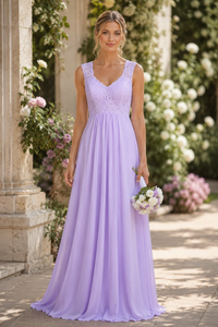 Elegant Lavender Lace Top Long Bridesmaid Dress