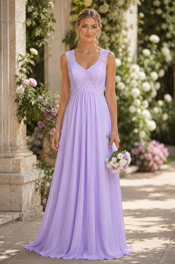 Elegant Lavender Lace Top Long Bridesmaid Dress