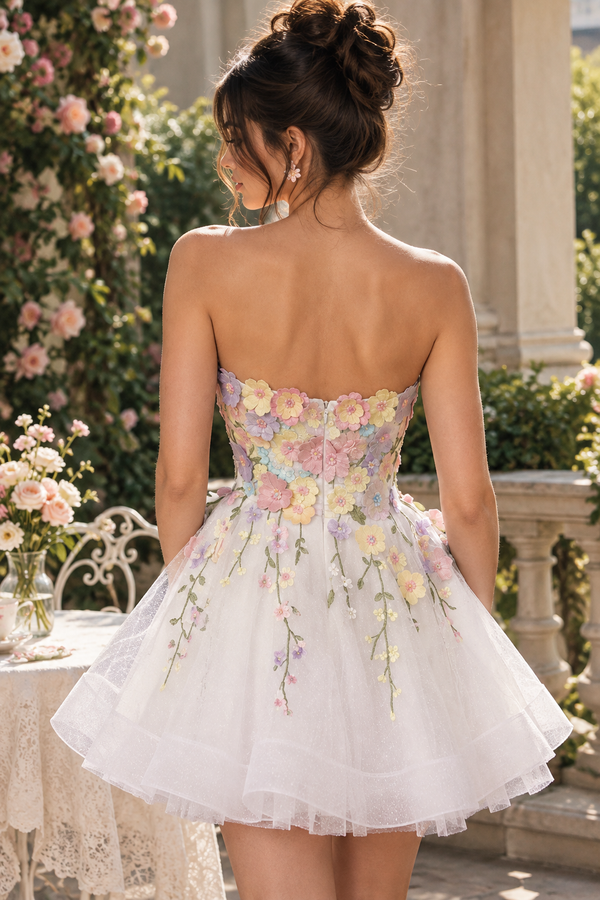 Sweetheart Strapless Floral Appliques Tulle A-Line Mini Homecoming Dress