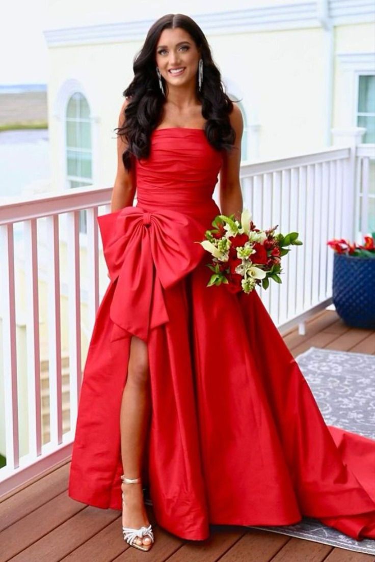 A-Line Strapless Light Blue Satin Long Prom Dress with Bow