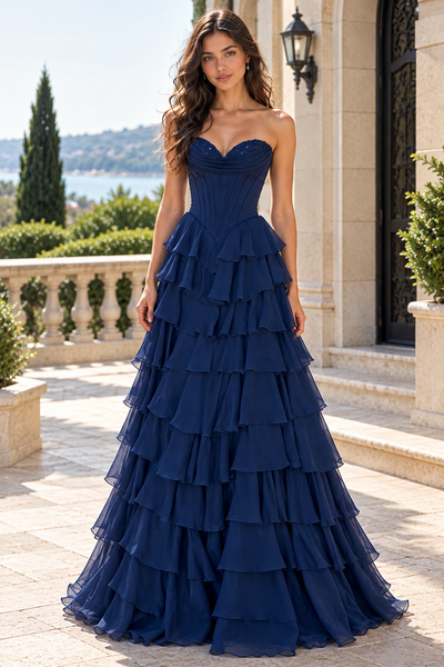 Dark Navy Strapless Pleated Prom Dress with Ruffle