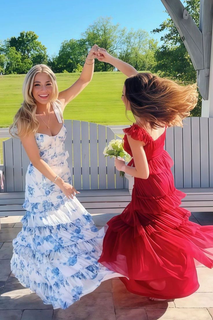 Straps Blue Floral Ruffle Long Prom Dress with Slit FancyVestido Straps Blue Floral Ruffle Long Prom Dress with Slit FancyVestido
