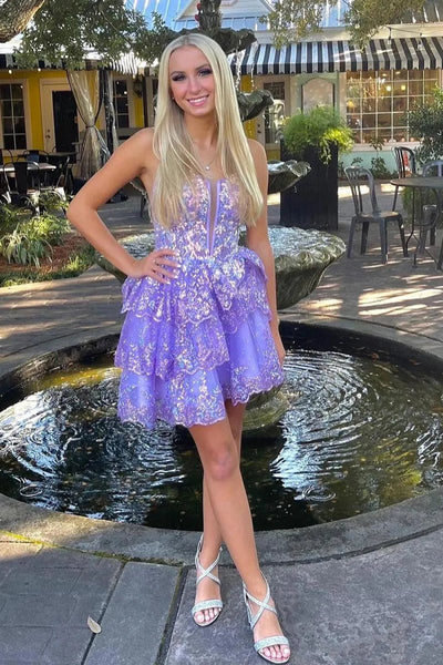 Straps Lavender Sequin Ruffle A-Line Homecoming Dress