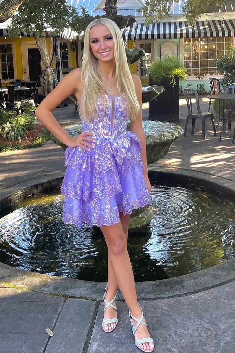 Straps Lavender Sequin Ruffle A-Line Homecoming Dress FancyVestido Straps Lavender Sequin Ruffle A-Line Homecoming Dress FancyVestido