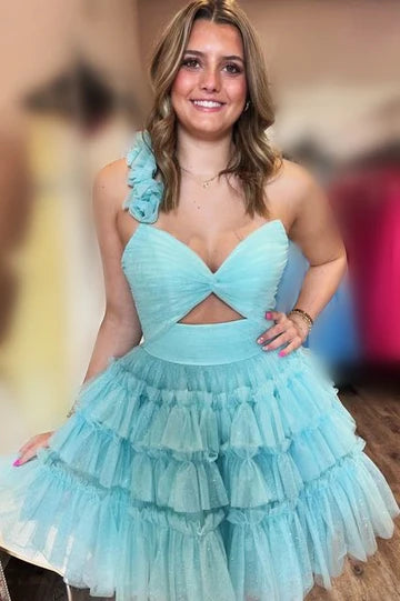 Princess Yellow One Shoulder Knotted Ruffle Short Party Dress