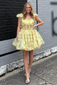 Straps Yellow Floral Print Layered Tulle Homecoming Dress