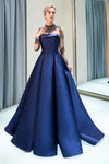Illusion Sleeves High Neck Navy Blue Ball Gown Prom Dress with Crystals