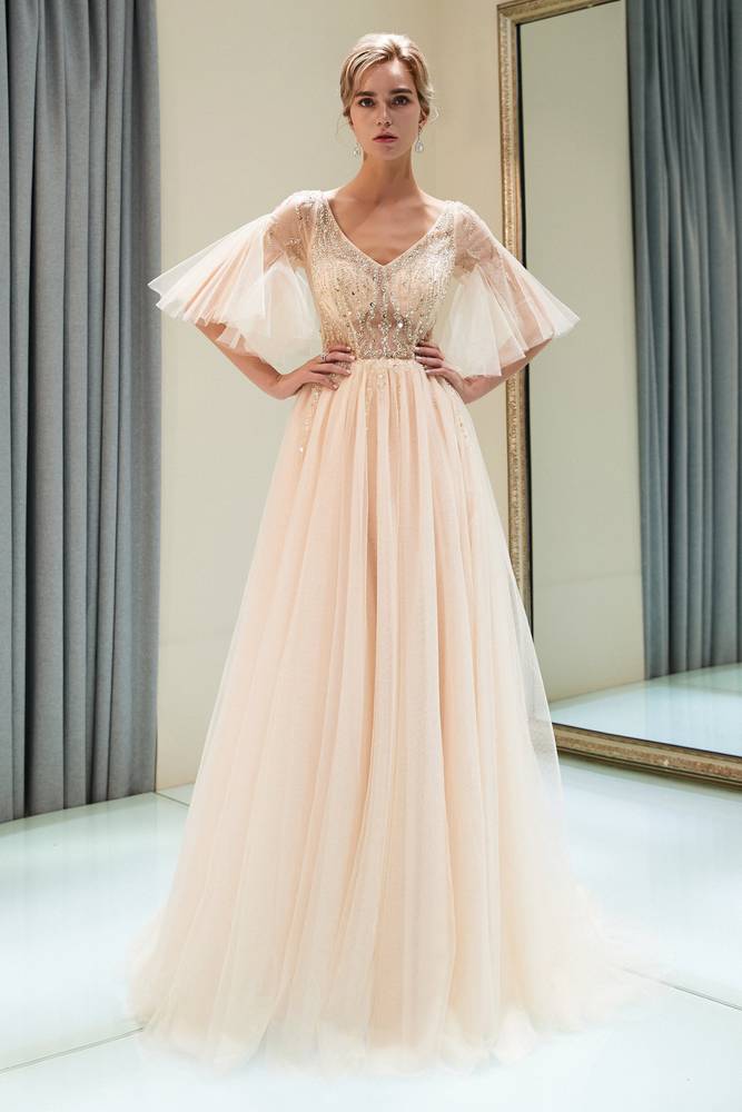 V-Neck Bell Sleeves Beading Champagne Prom Dress with Slit