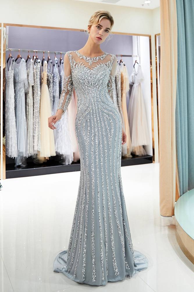 Illusion Long Sleeves Mermaid Beading Sweep Silver Prom Evening Dress