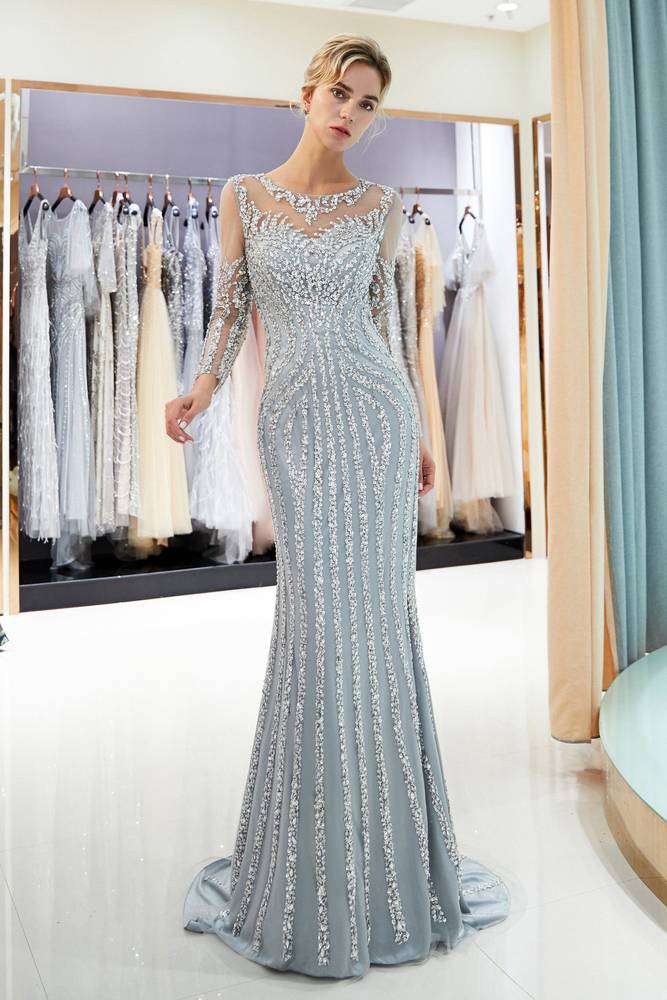 Illusion Long Sleeves Mermaid Beading Sweep Silver Prom Evening Dress –  FancyVestido