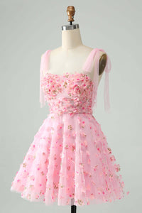 Pink Tie Straps Corset 3D Floral Short Homecoming Dress 