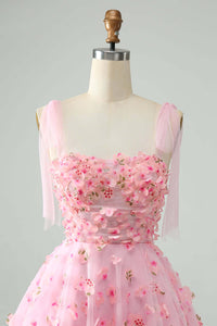 Pink Tie Straps Corset 3D Floral Short Homecoming Dress 