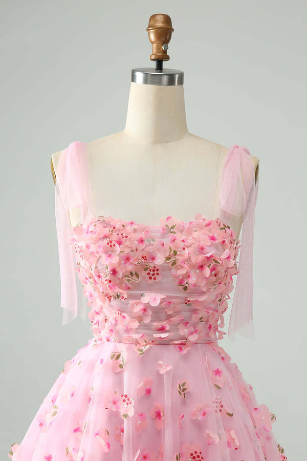 Pink Tie Straps Corset 3D Floral Short Homecoming Dress 