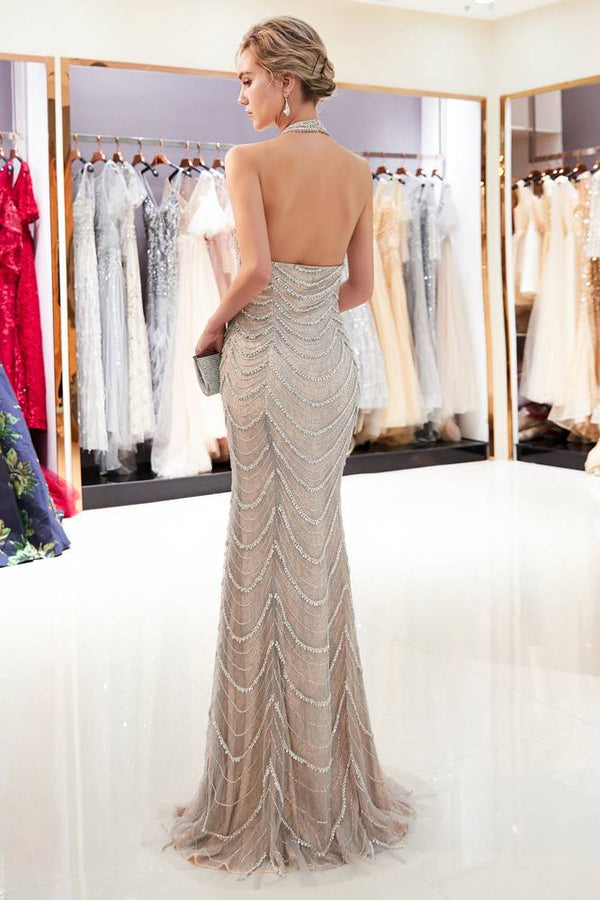 Stunning Halter Neck Mermaid Evening Gown with Silver Beaded Waves