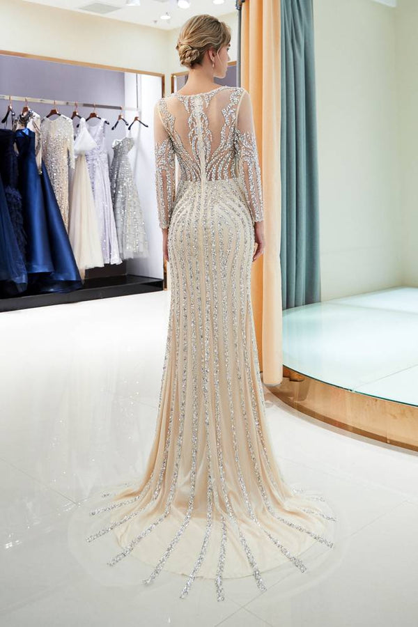 Illusion Long Sleeves Mermaid Beading Sweep Silver Prom Evening Dress