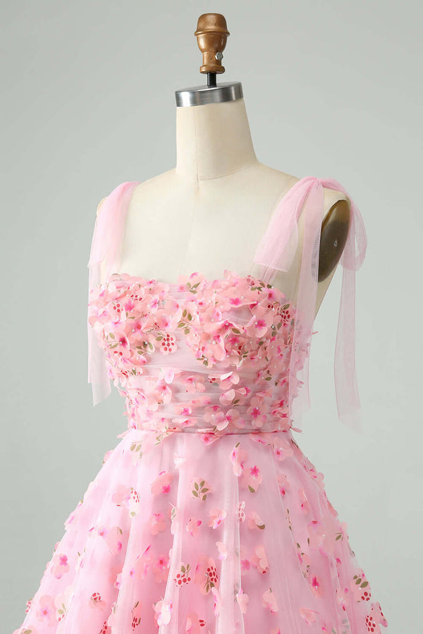 Pink Tie Straps Corset 3D Floral Short Homecoming Dress 
