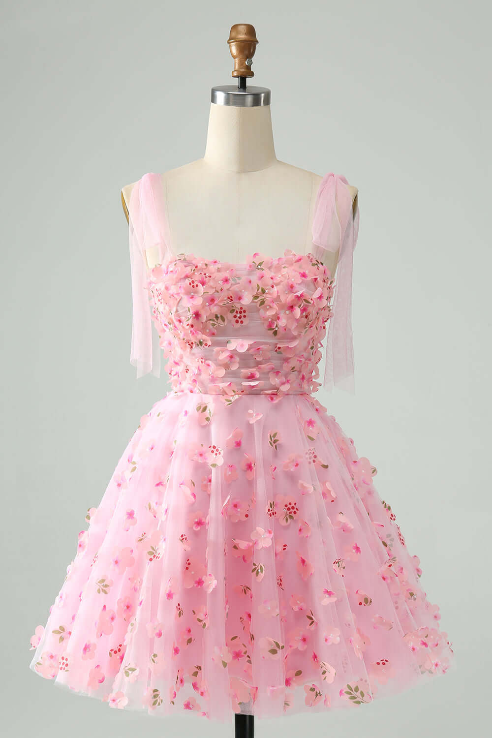 Pink Tie Straps Corset 3D Floral Short Homecoming Dress 