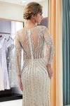 Illusion Long Sleeves Mermaid Beading Sweep Silver Prom Evening Dress