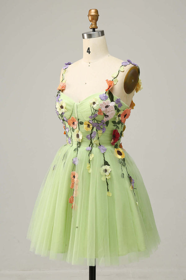 Straps Champagne 3D Floral A-Line Short Party Dress