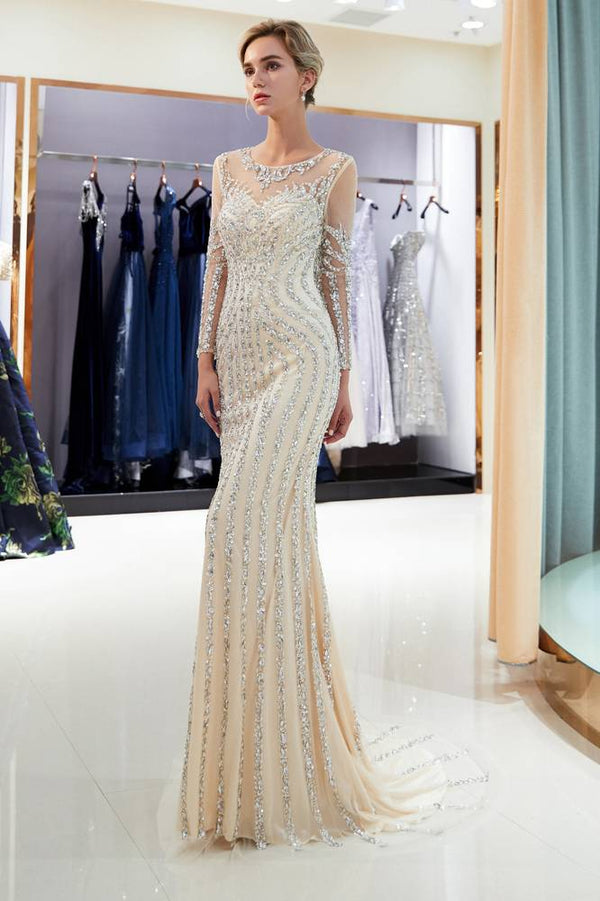 Illusion Long Sleeves Mermaid Beading Sweep Silver Prom Evening Dress